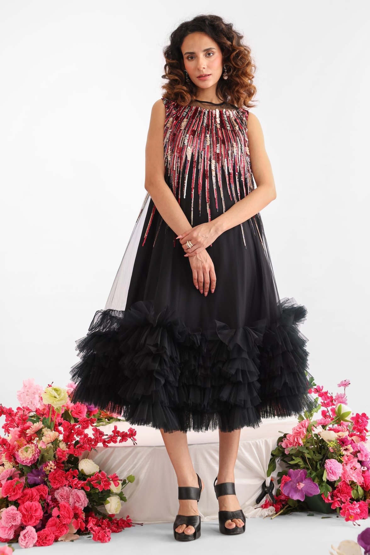 Black butterfly net sequin dress with layered textured sequin embroidery and flared silhouette – Golden Muslin