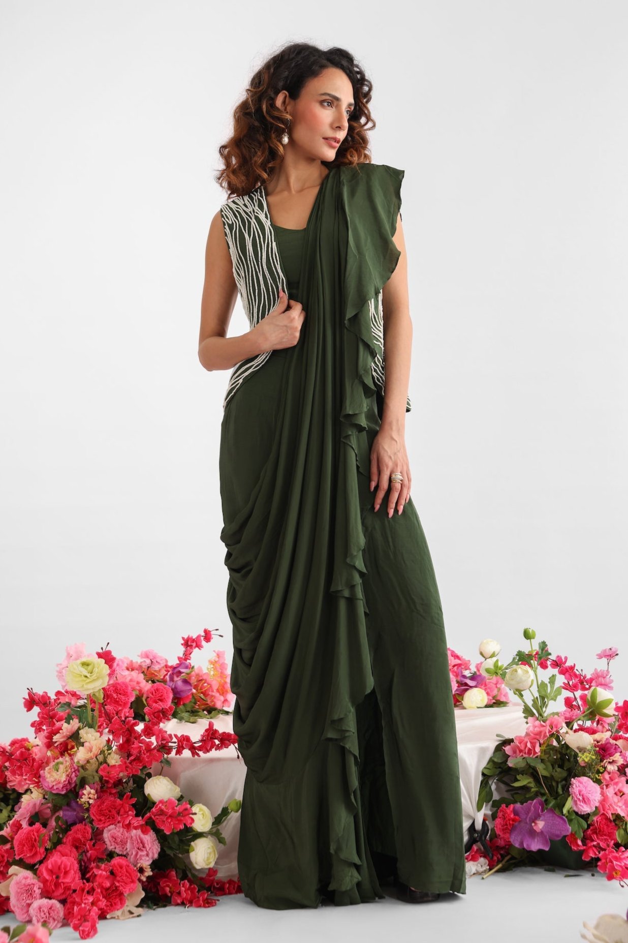 Chanderi jacket with pearl embroidery in curvy line patterns paired with ruffle drape saree – Golden Muslin