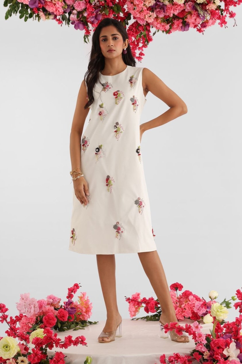 White poly-viscose shift dress with floral embroidery and tassel detailing – Golden Muslin