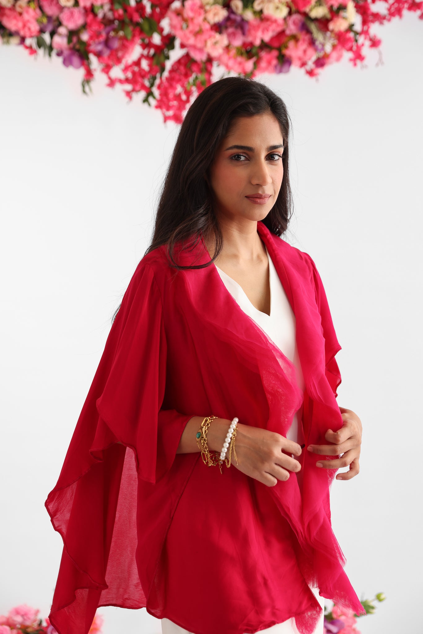 White V-neck crop top and palazzo set with bright pink layered net cascading jacket – Golden Muslin