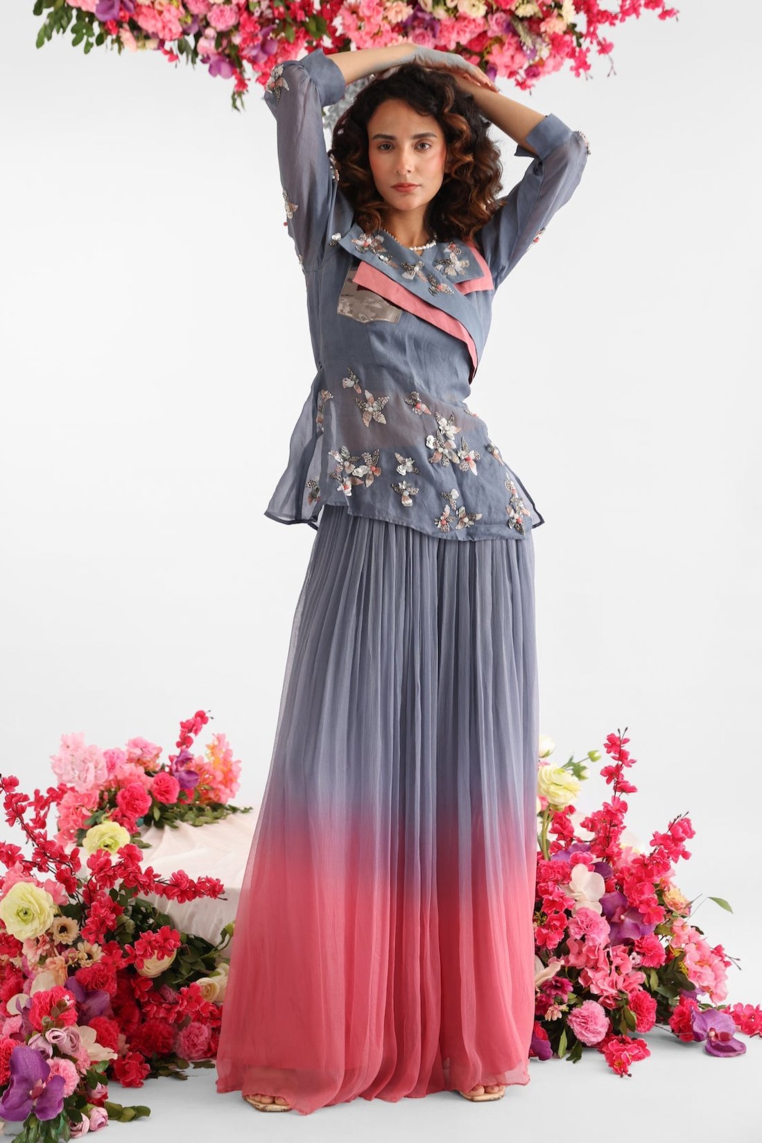 Grey embroidered organza jacket-style top with double-layer collars paired with grey tie-dye chiffon sharara pants – Golden Muslin