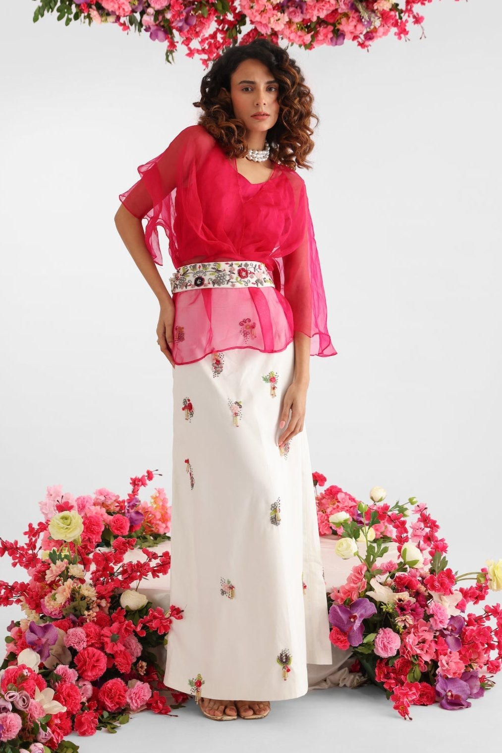 Pink and white embroidered skirt set with stark pink top, organza sleeves, 3D floral pencil skirt, and floral belt – Golden Muslin