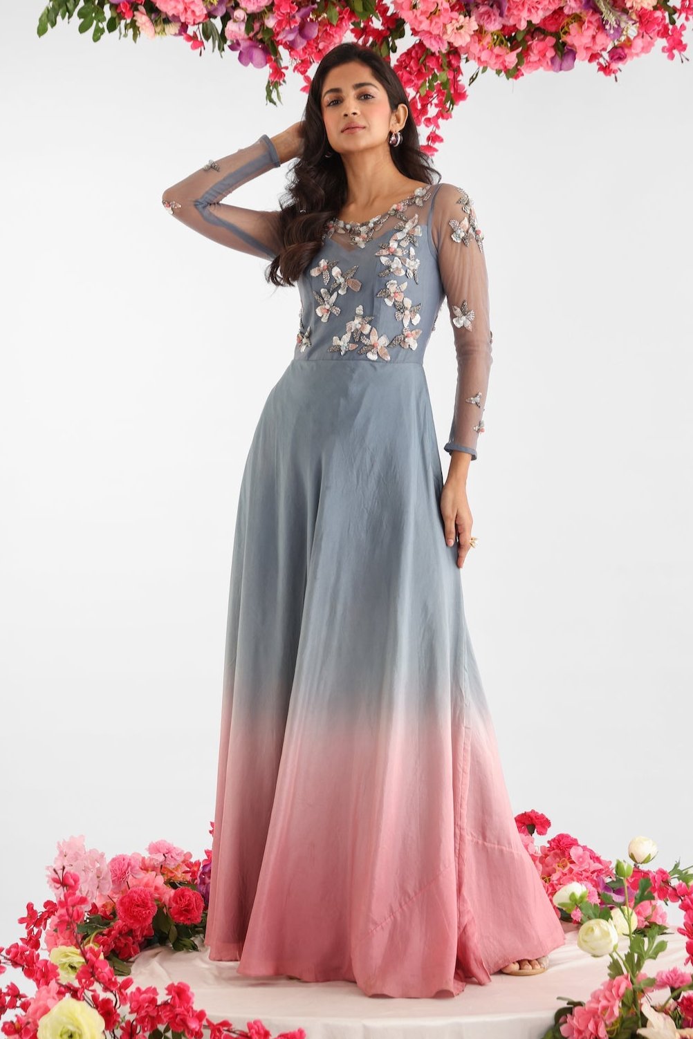 Greyish blue Habutai silk embroidered gown with pink floral embroidery and stonework – Golden Muslin