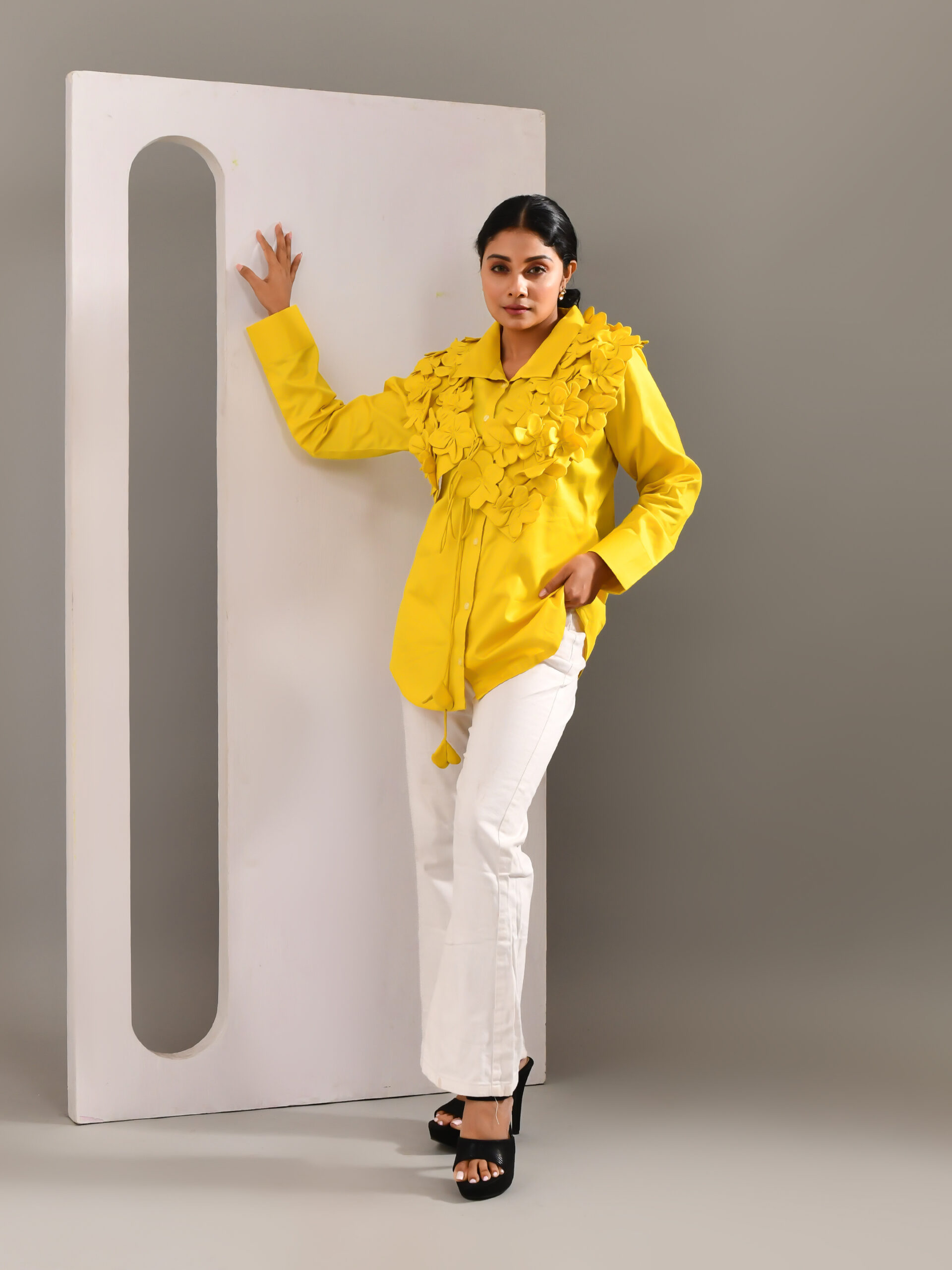 Yellow blended cotton shirt with self-colored floral work and detachable ornamented collar – Golden Muslin