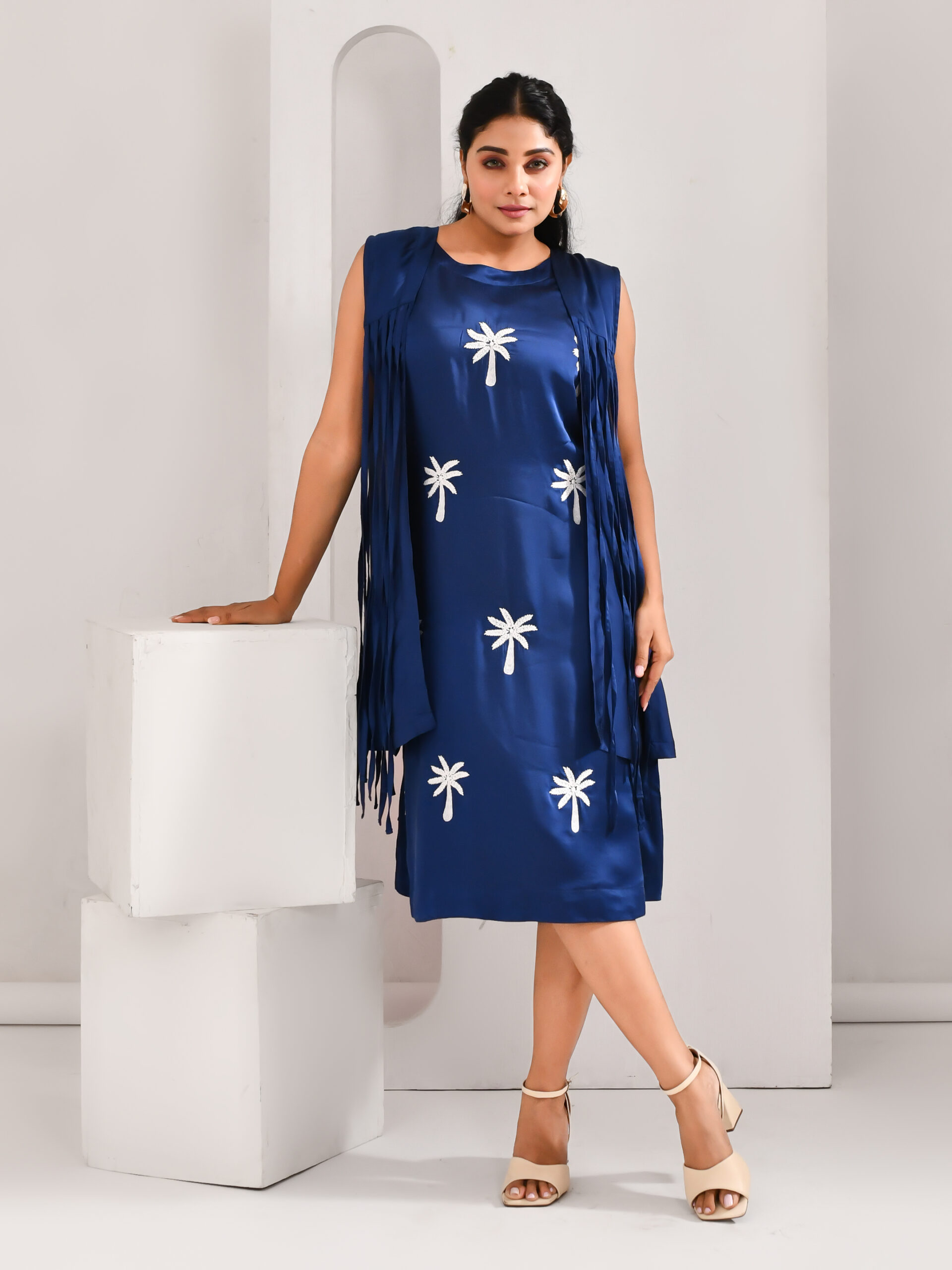 Royal blue blended cotton and organza jacket-style dress with embroidered tree motifs and fringed overlay – Golden Muslin