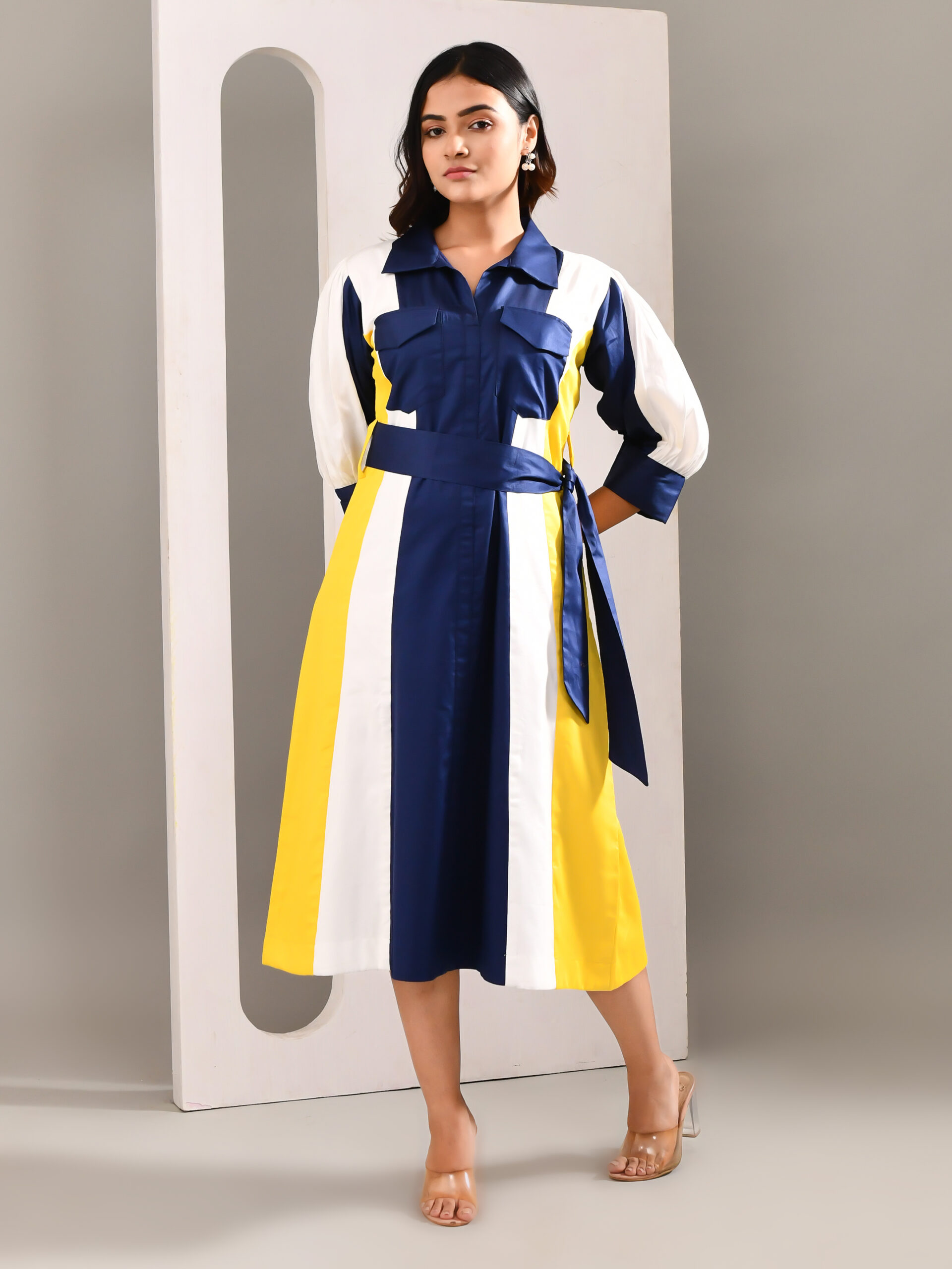 Multicolored color-blocked dress with classic silhouette, belt tie-up, and yoke pockets – Golden Muslin