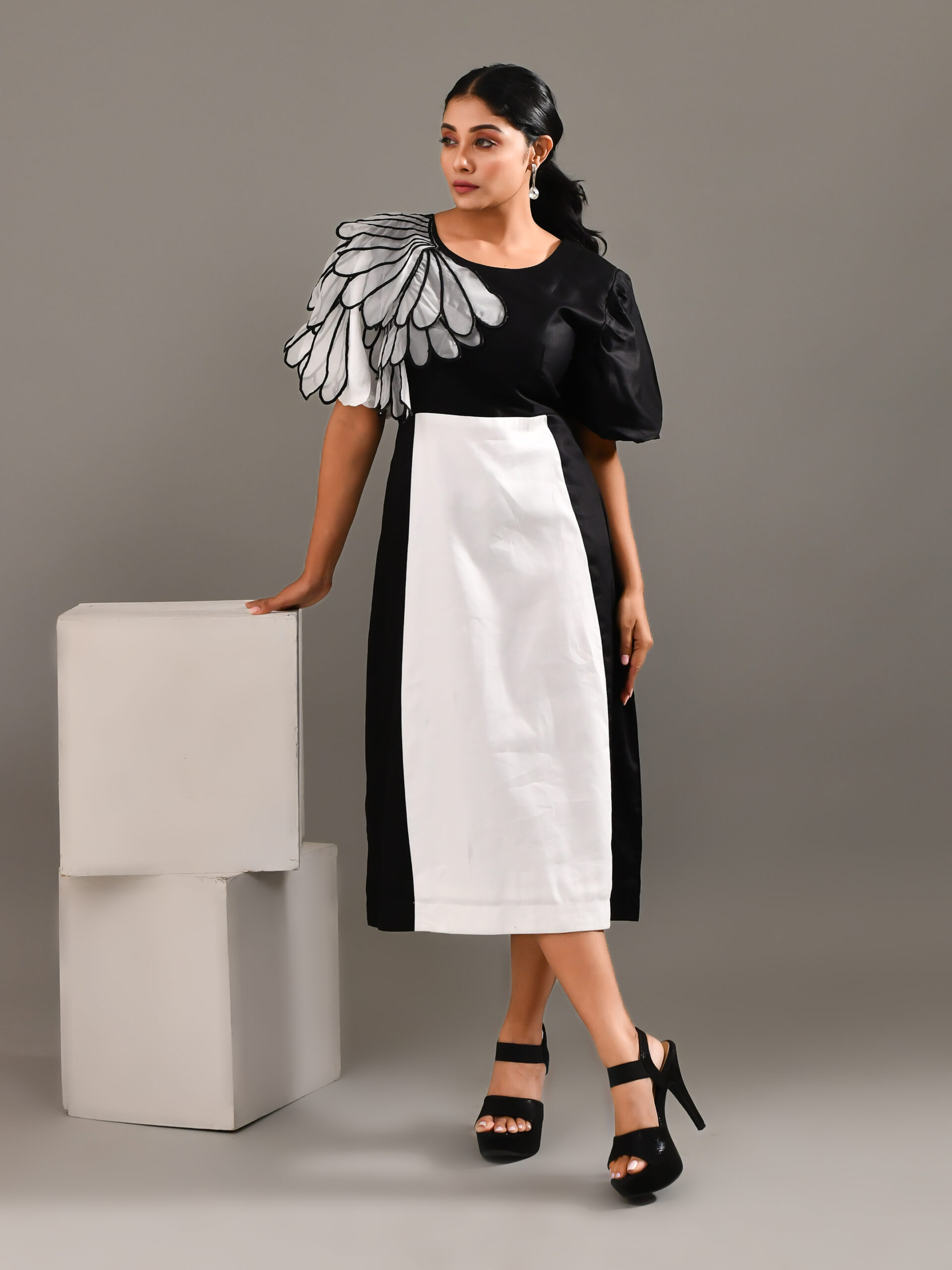 “Golden Muslin black and white cotton dress with exaggerated sculpted embroidered wing-inspired sleeves.”