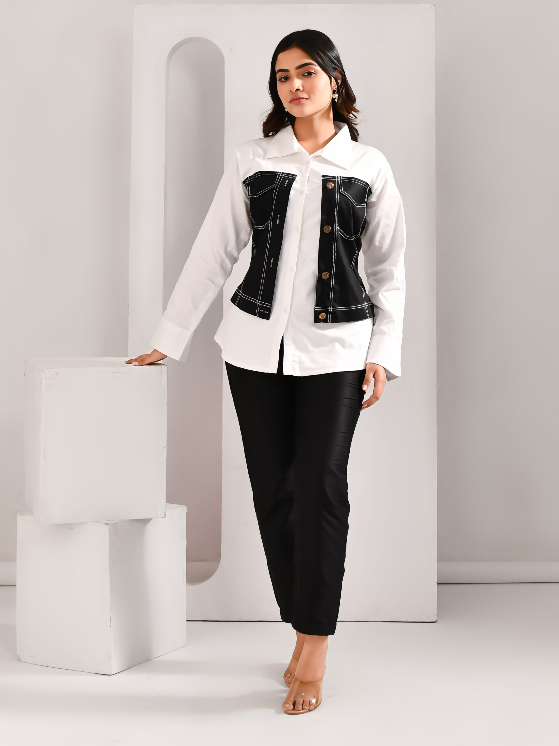 Layered white and black blended cotton denim-style shirt with bold contrast panels and anchor detailing – Golden Muslin
