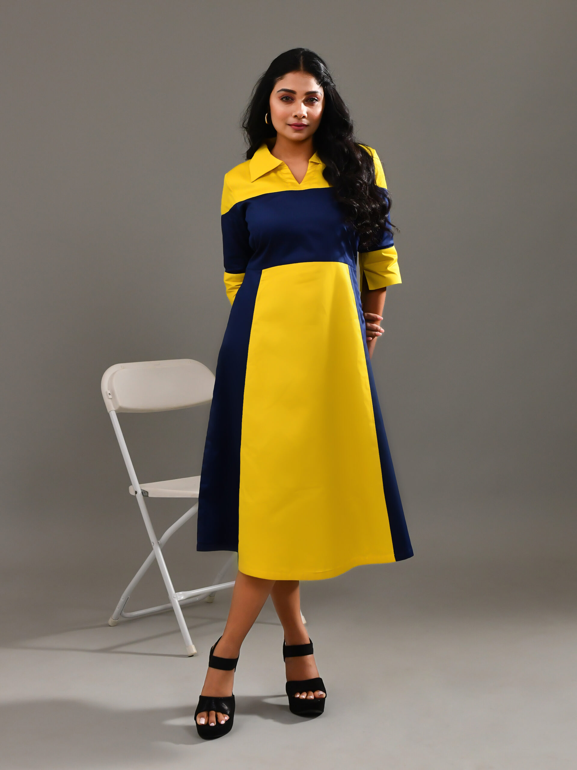 Yellow and dark blue blended cotton color-blocked dress with summer-friendly breathable fabric – Golden Muslin