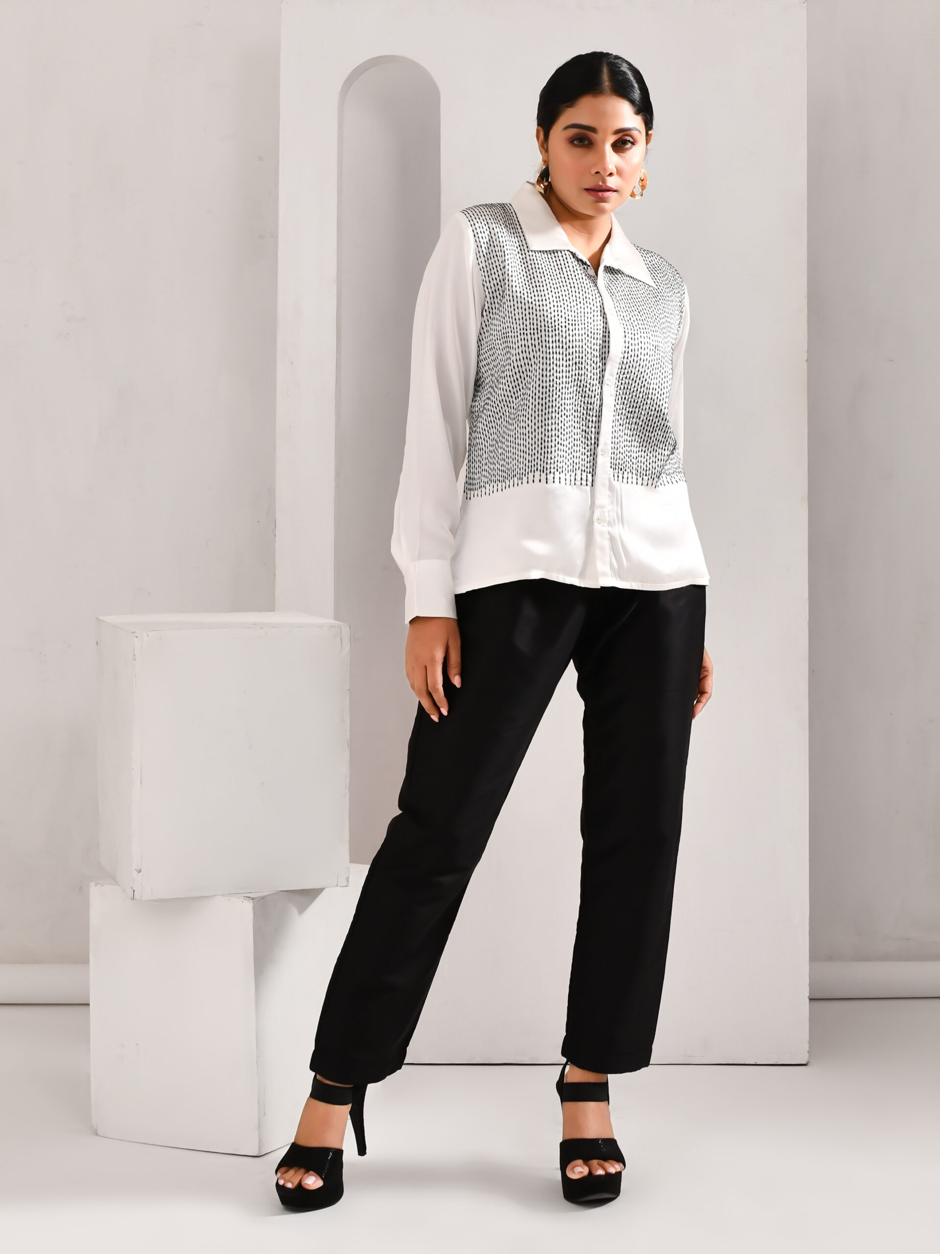 White satin shirt with Bengal-inspired Kantha embroidery and lustrous finish – Golden Muslin