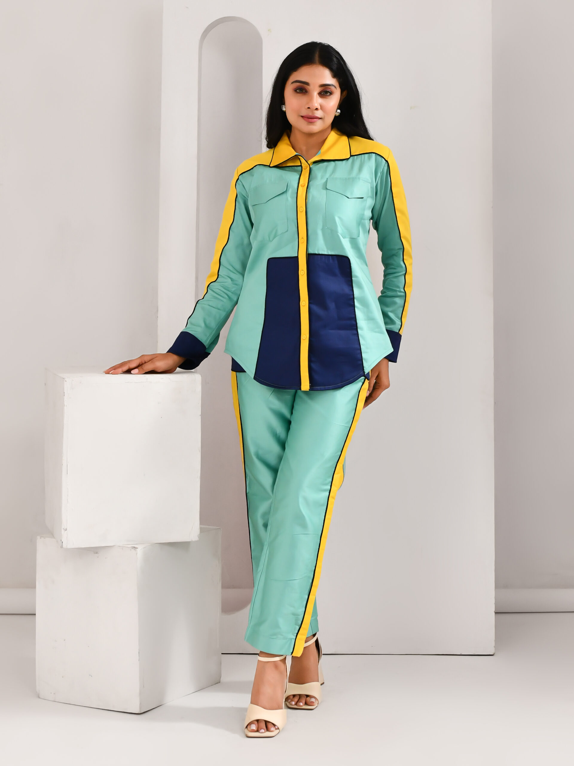 Multicolor blended cotton co-ord set in vibrant hues, tailored with intricate detailing – Golden Muslin