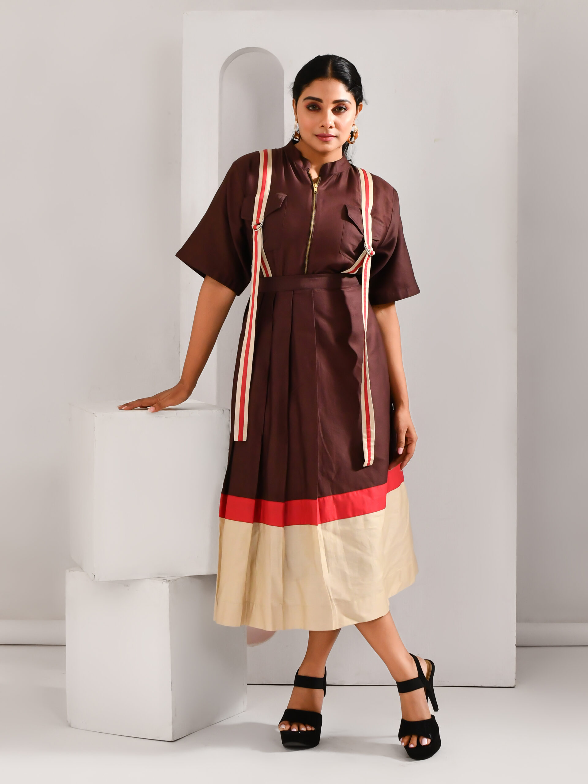 Wine brown blended cotton co-ord set with contrasting belts, flowy skirt, and zipper-front top – Golden Muslin