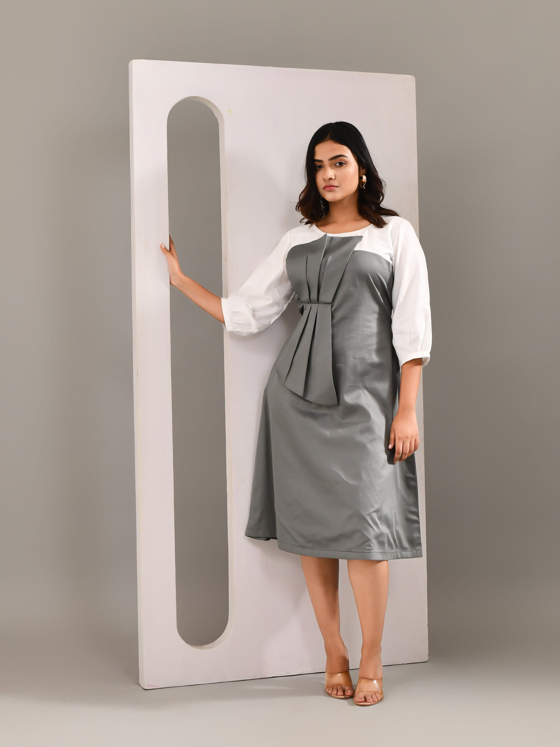 Grey and white blended cotton corset-style dress with modern contrasting panel design – Golden Muslin