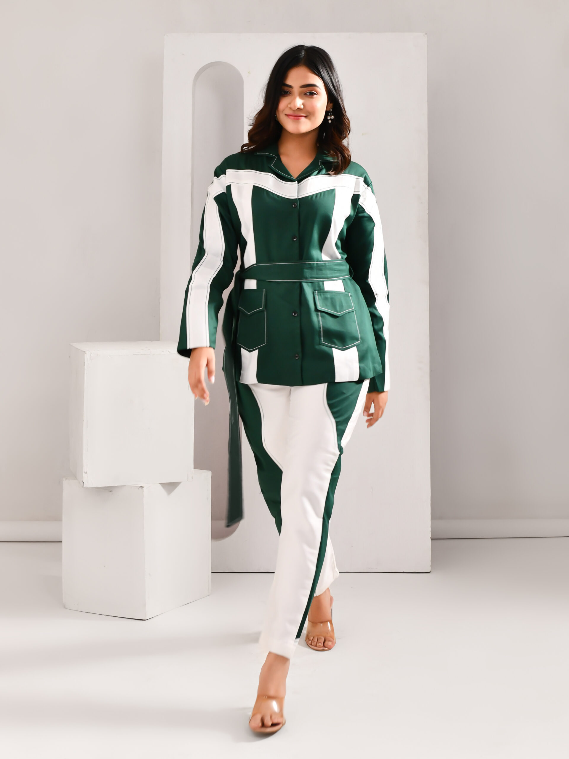 “Golden Muslin hunter green and white blended cotton co-ord set with color-block wave patchwork and waist tie belt.”
