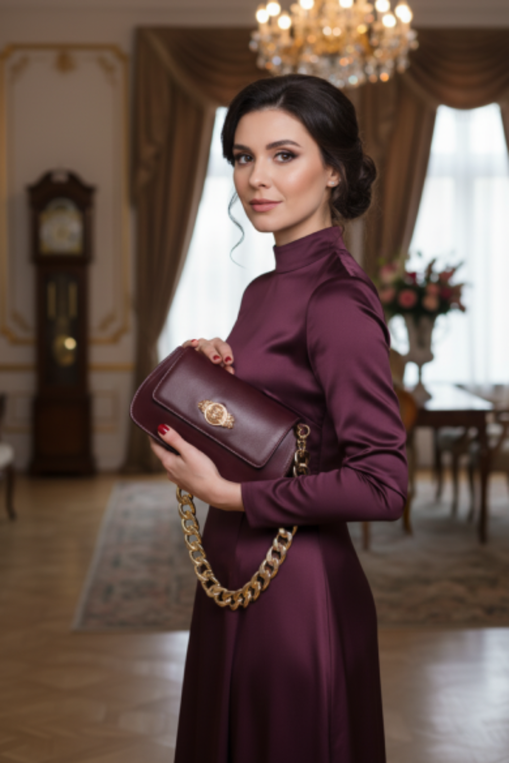 Golden Muslin refined wine-colored genuine leather clutch with a curved structured shape, envelope flap, placement lion motif carving, and detachable sling chain.