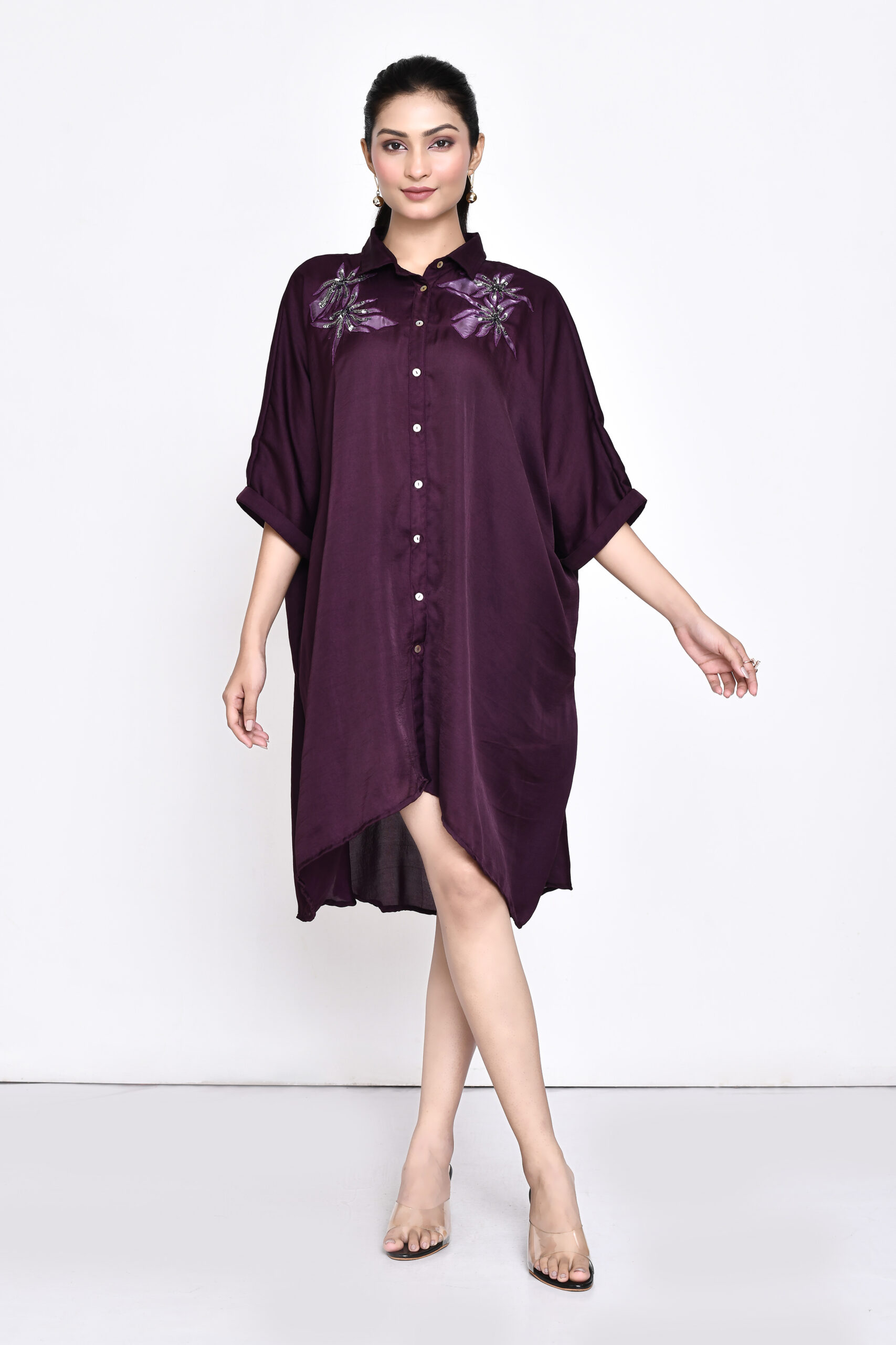 Wine silk embroidered shirt dress by Golden Muslin, featuring refined detailing and a modern festive silhouette.