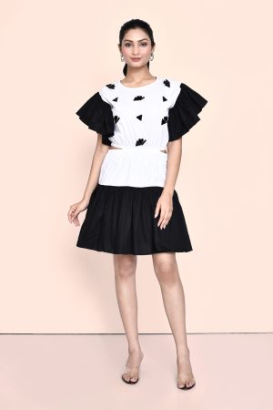 Golden Muslin black and white color-blocked dress with chunky black embellishments and cut-out elasticated waist