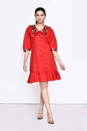 Golden Muslin Jaanvi Mohta red cotton dress with embellished oversized collar and embellished sleeve hems