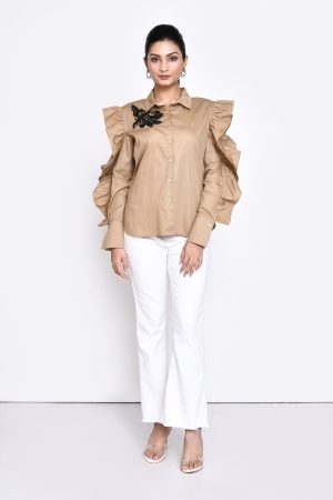 Beige Cotton Twill Shirt with Exaggerated Sleeves