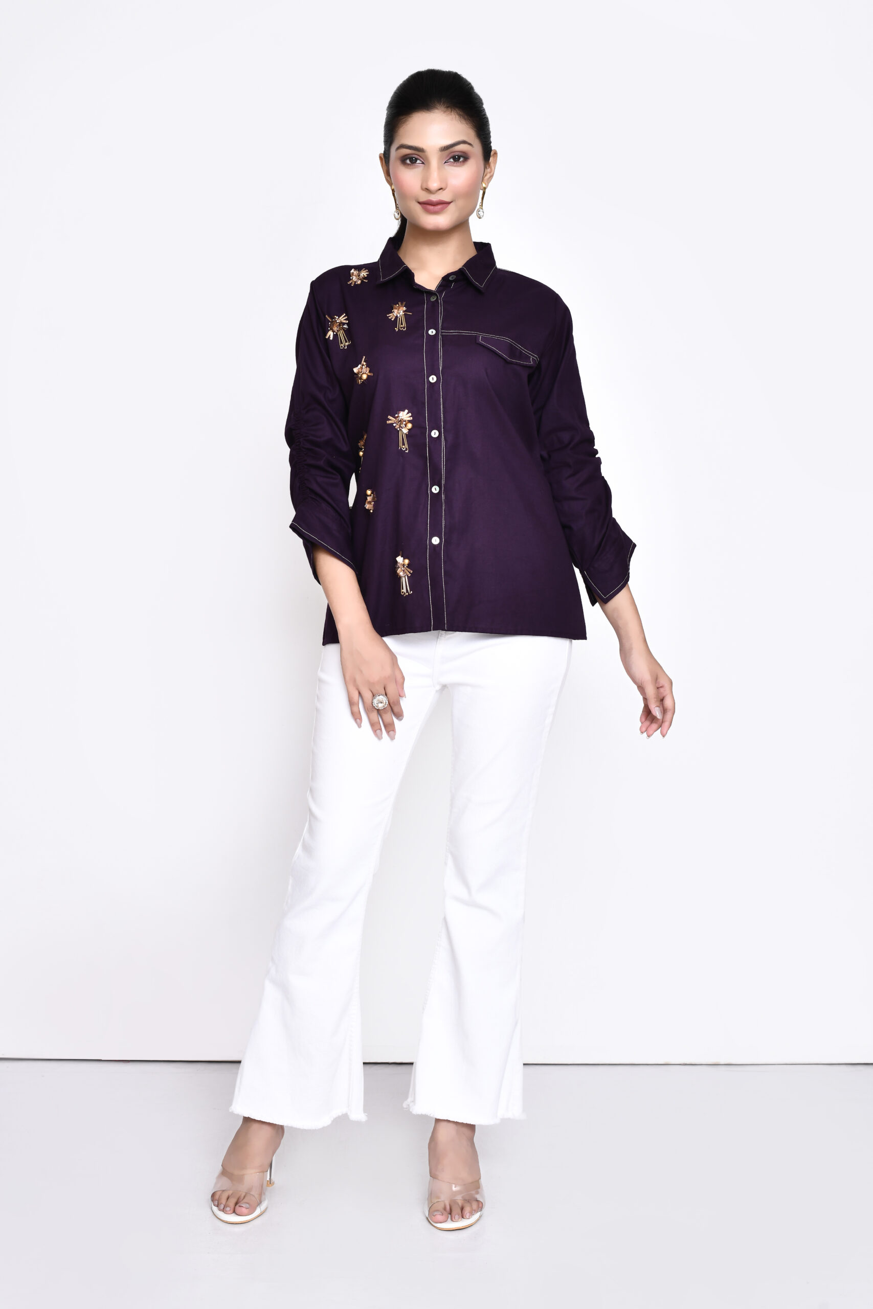 Golden Muslin purple cotton embellished shirt with flap pocket and ruched three-quarter sleeves