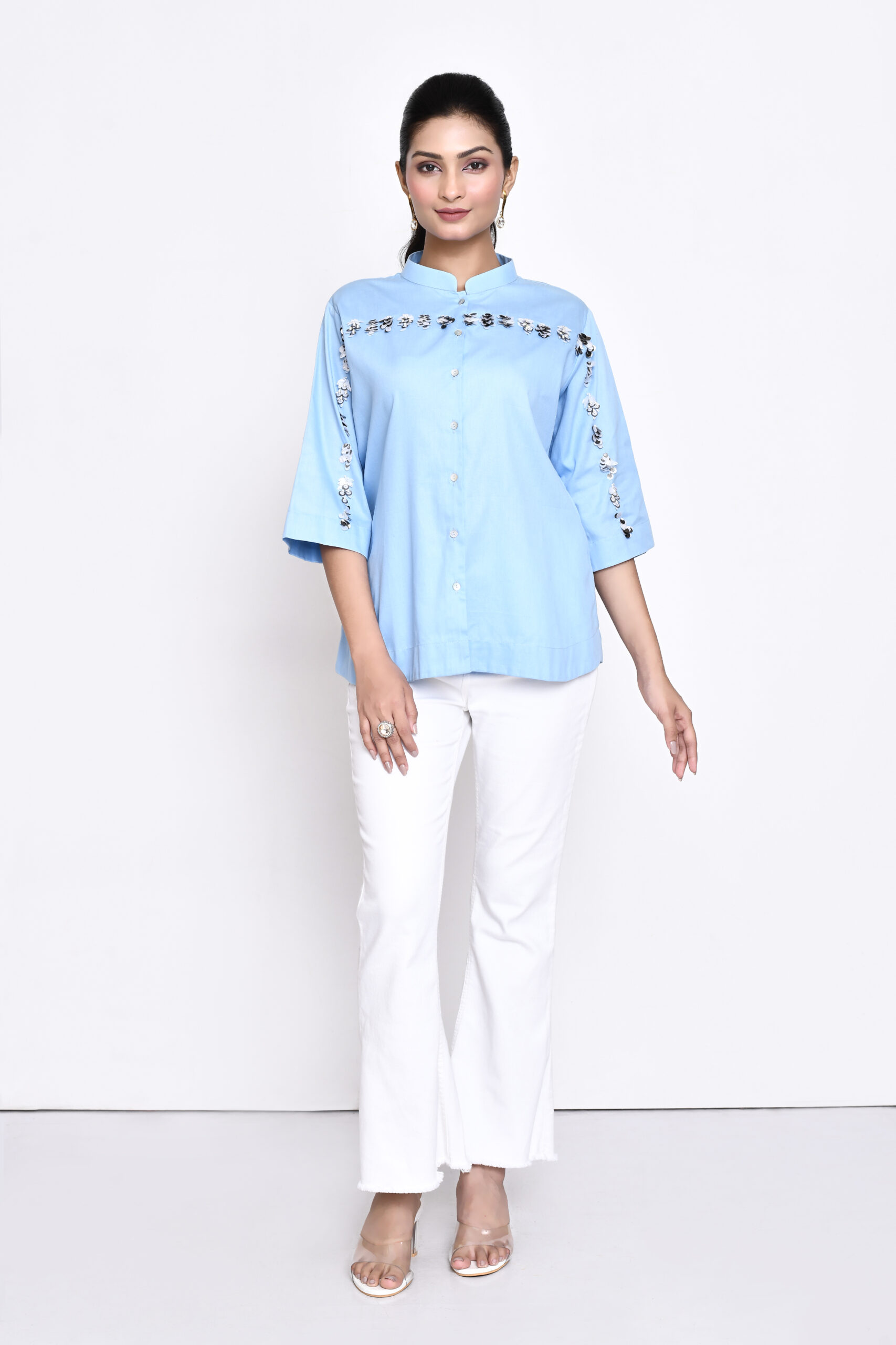 Golden Muslin Jaanvi Mohta sky blue cotton embellished shirt with elegant three-quarter sleeves