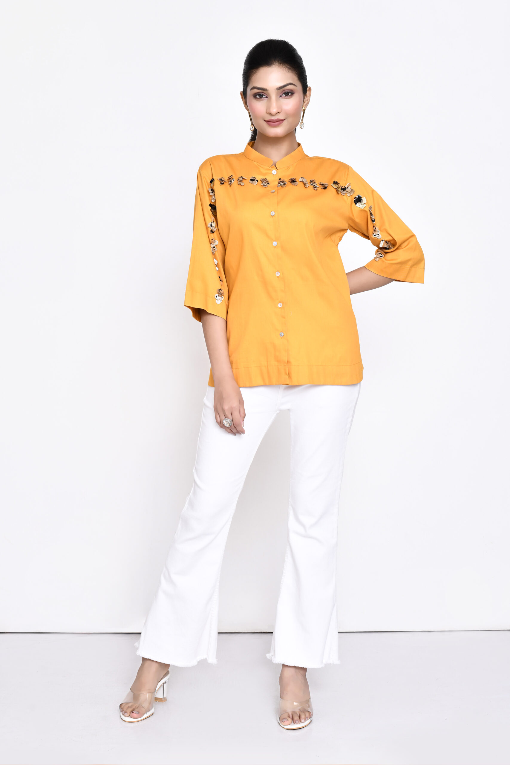 Golden Muslin Jaanvi Mohta sunflower yellow cotton embellished shirt with three-quarter sleeves