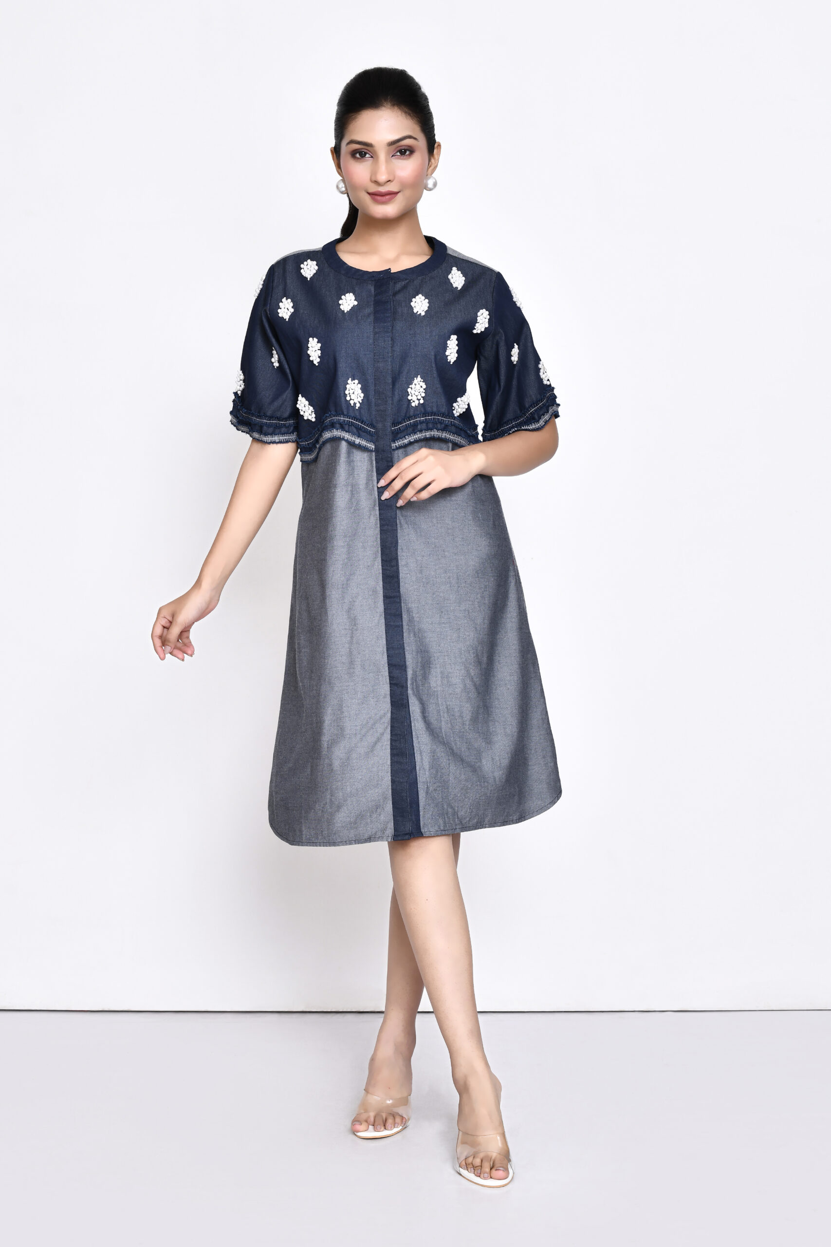Golden Muslin Jaanvi Mohta two-tone denim dress with denim and pearl embellishments