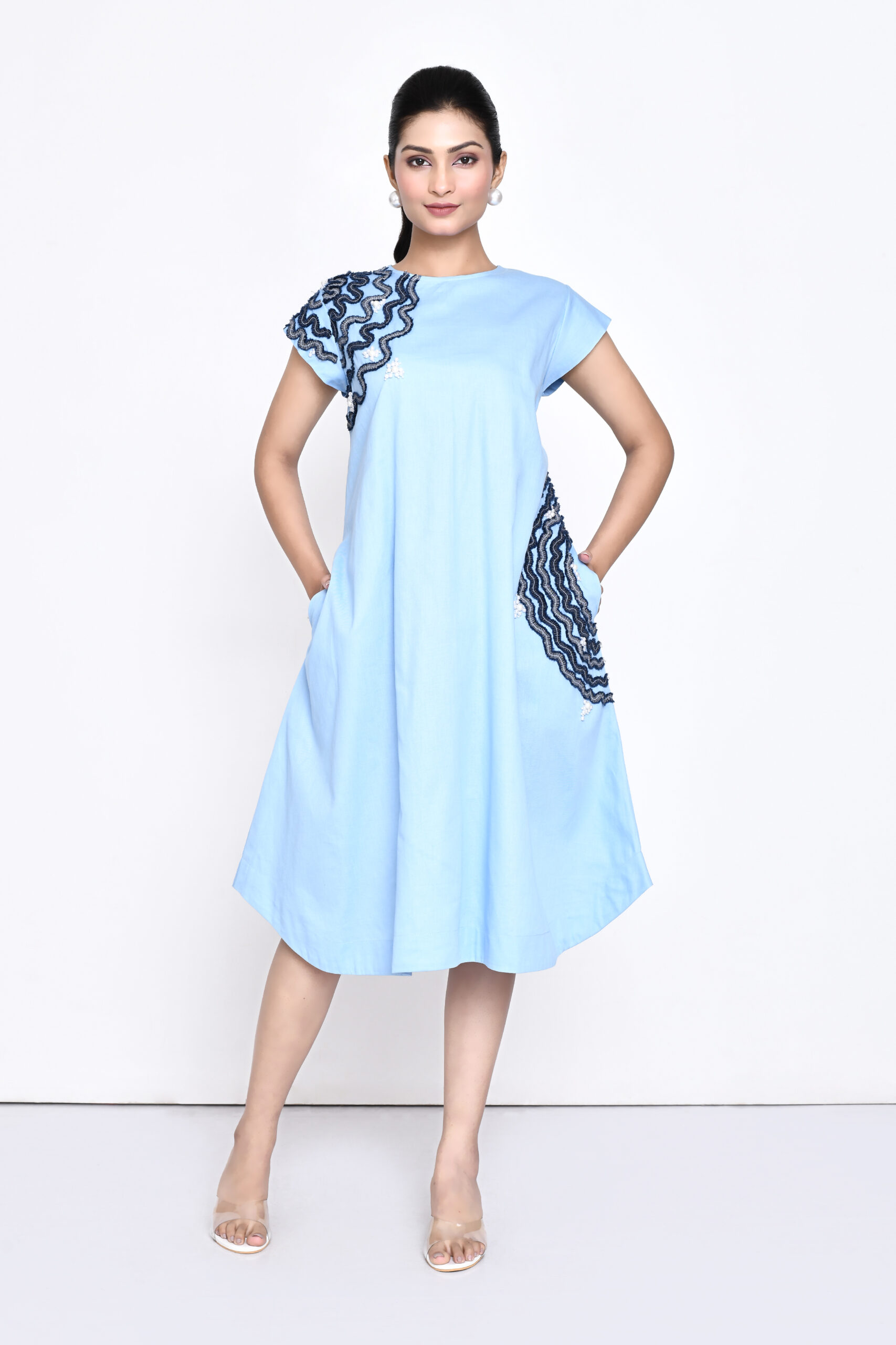 Golden Muslin sky blue cotton dress with denim and pearl embellishments, elasticated waist, and side pockets