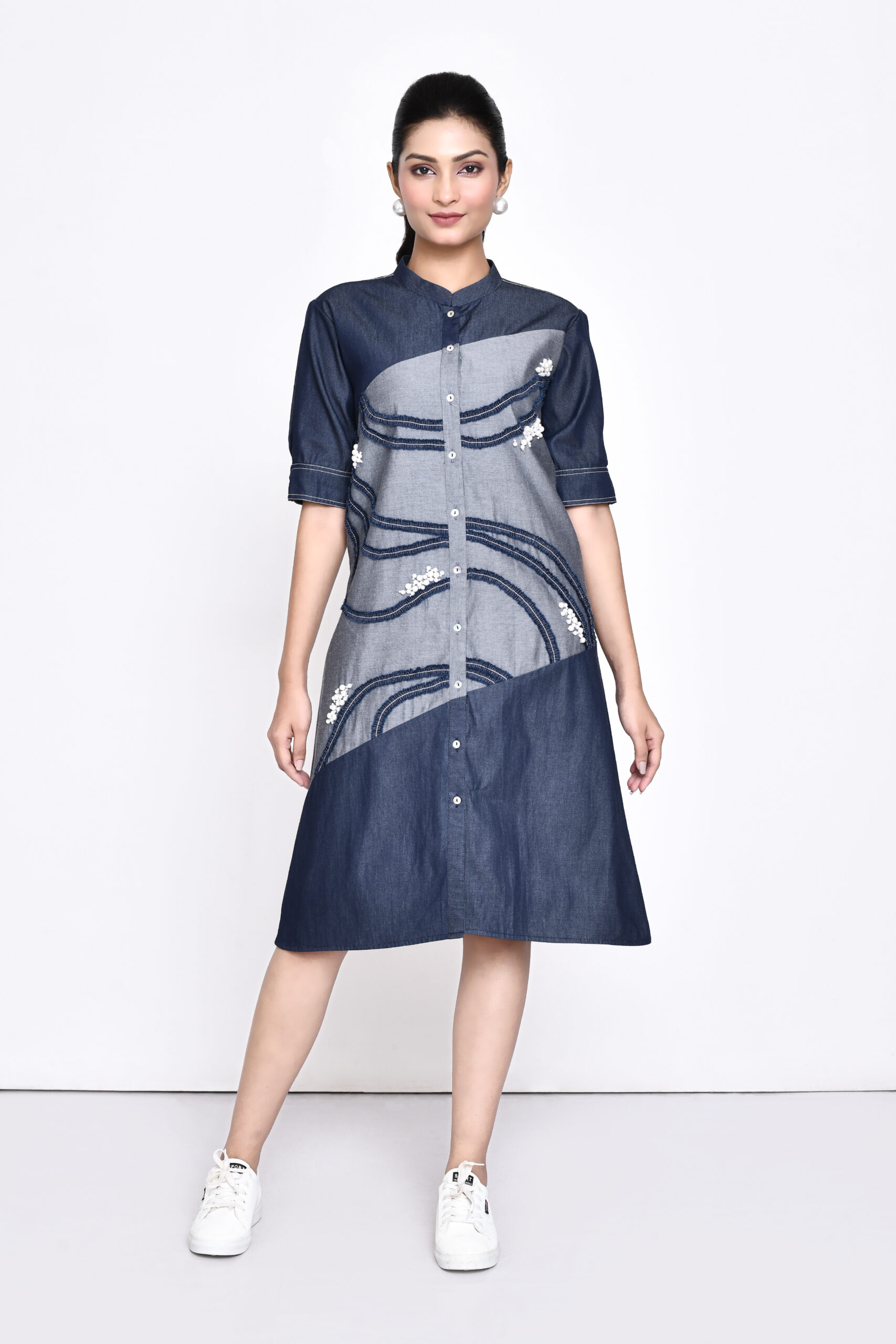 Golden Muslin classic denim dress with diagonal detailing and denim-and-pearl embellishments