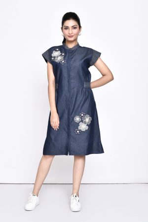 Denim Dress with Floral Embellishment