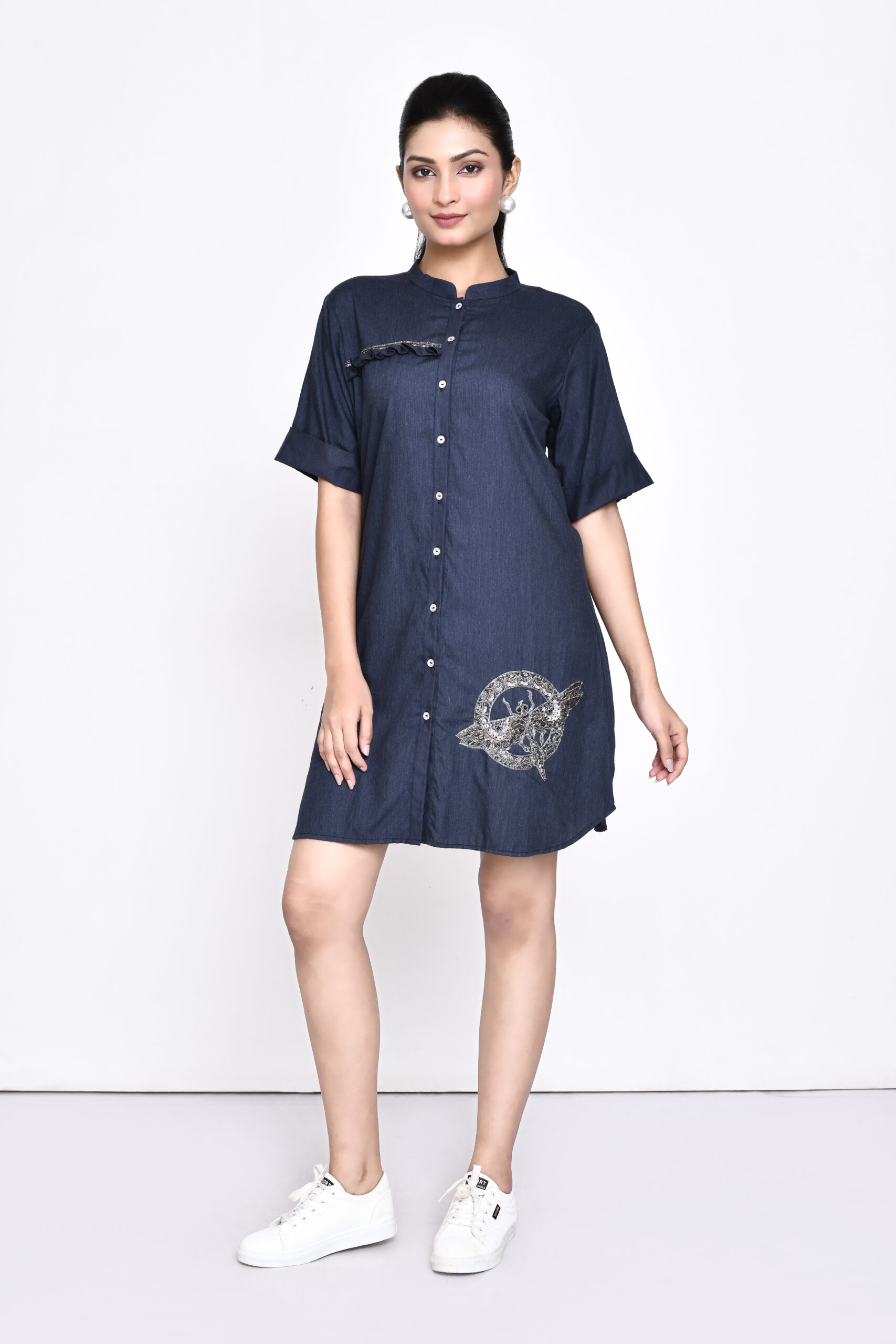 Golden Muslin denim shirt dress with hand-embroidered dragonfly motif and frill detailing