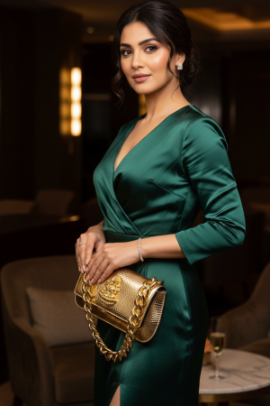 Golden Muslin sophisticated gold-plated rectangle clutch with a textured pattern and a central Goddess Laxmi carved brooch, includes a detachable sling.