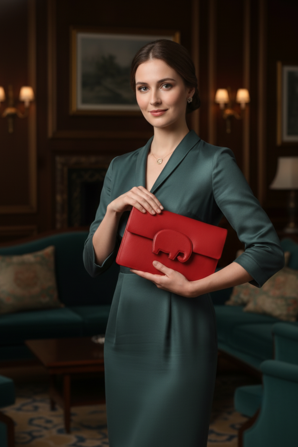 Golden Muslin elegant haute red leather-based bag with an animal motif embellishment, magnet button closure, and detachable leather strap.