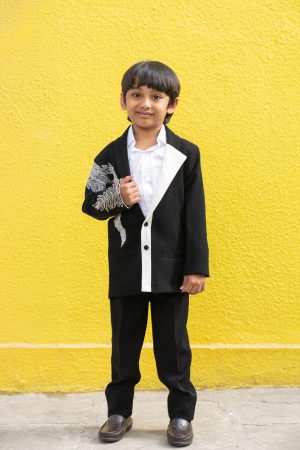 Black Armani–Giza cotton embroidered blazer paired with white shirt and black trousers – Golden Muslin