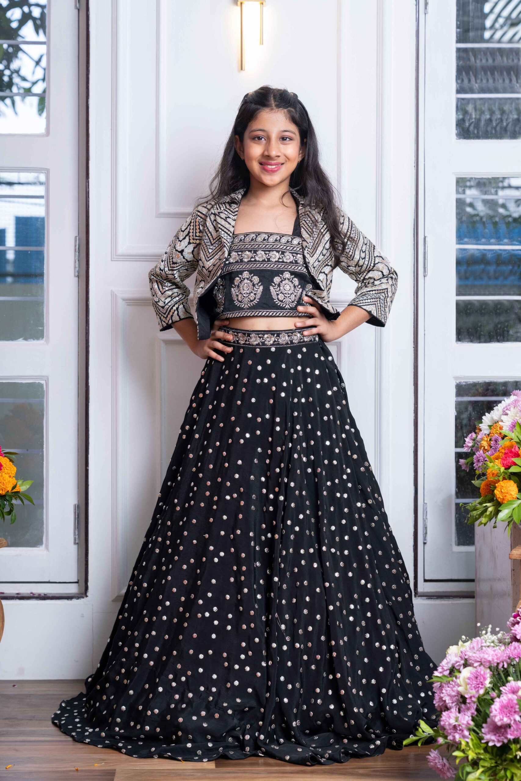 Black girls’ lehenga set with silver embroidered crop top