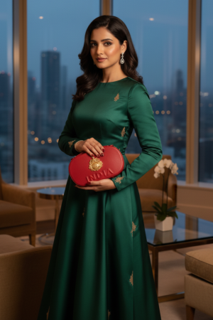 Golden Muslin exclusive red leather-based bag with a 24k gold-plated placement carved embellishment and zip closure.