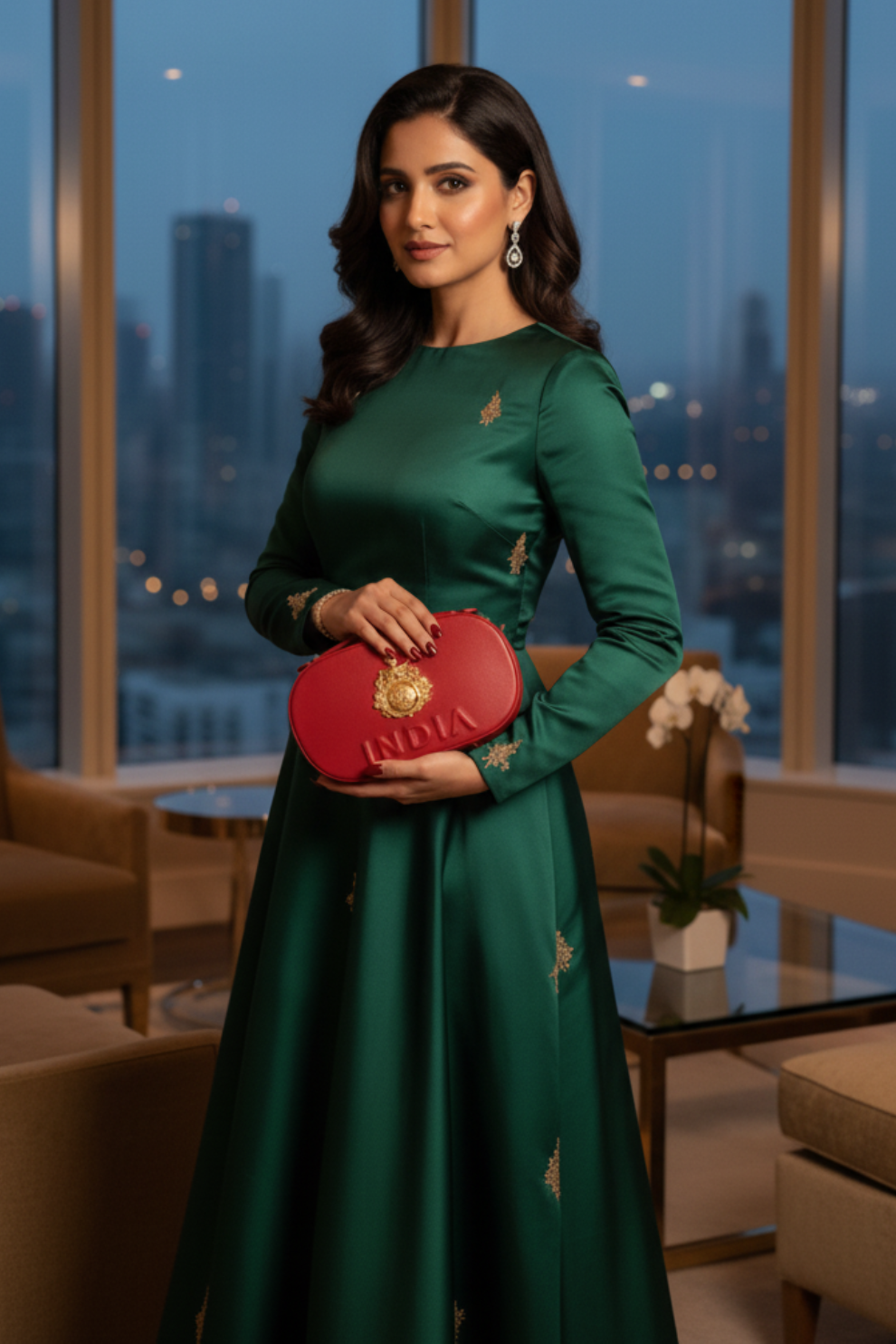 Golden Muslin exclusive red leather-based bag with a 24k gold-plated placement carved embellishment and zip closure.