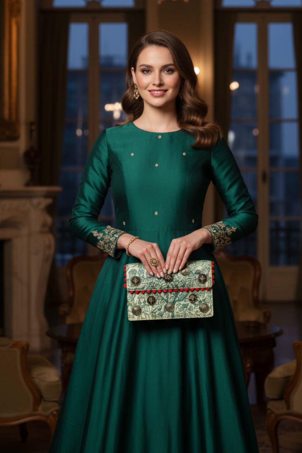 Golden Muslin opulent beige and earthy green genuine leather bag with a structured shape, all-over medieval pattern hand-painting, swirl & tribal carved metal embellishments, and a detachable leather strap.