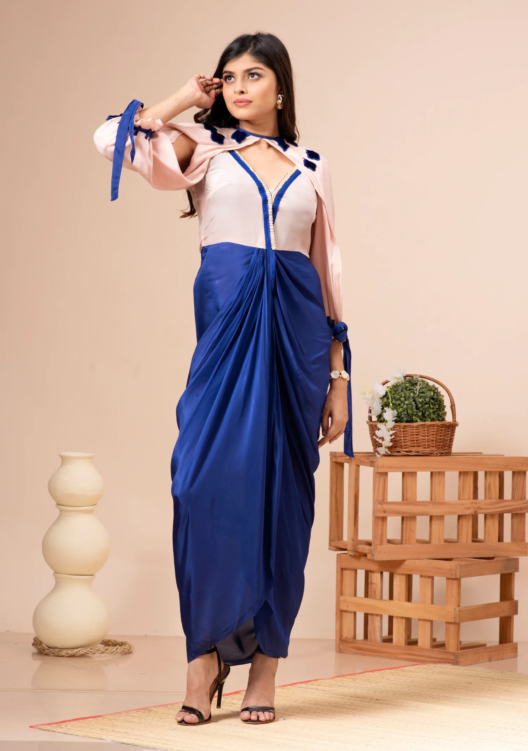 Pink champagne and blue silk cowl dress with lace and balloon sleeves By Kumar Rahul from the house of Golden Muslin.
