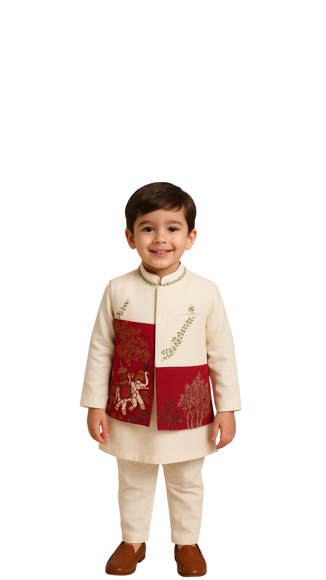 Golden Muslin boys' cream and red linen Nehru jacket kurta set with royal elephant embroidery and crimson panels.
