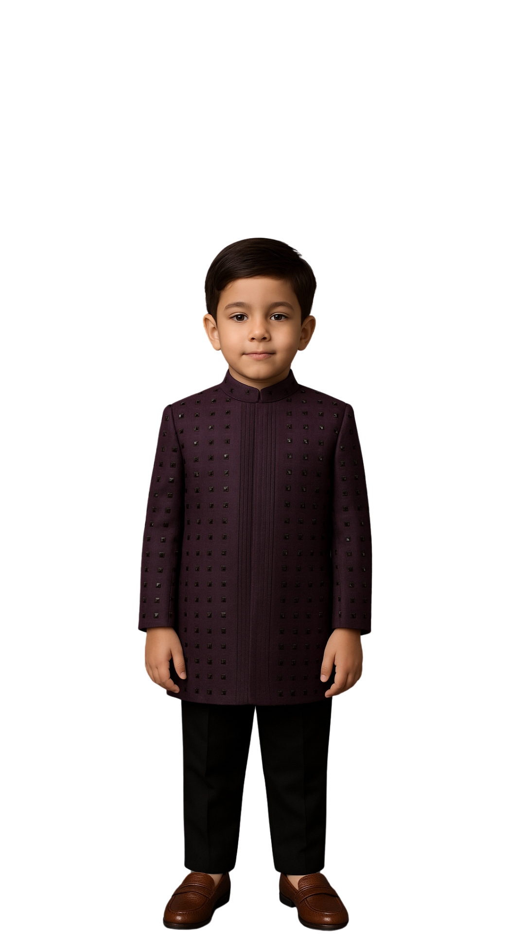 Golden Muslin boys’ dark maroon Bamberg silk long jacket with black square embellishments and intricate threadwork, paired with cotton pants.
