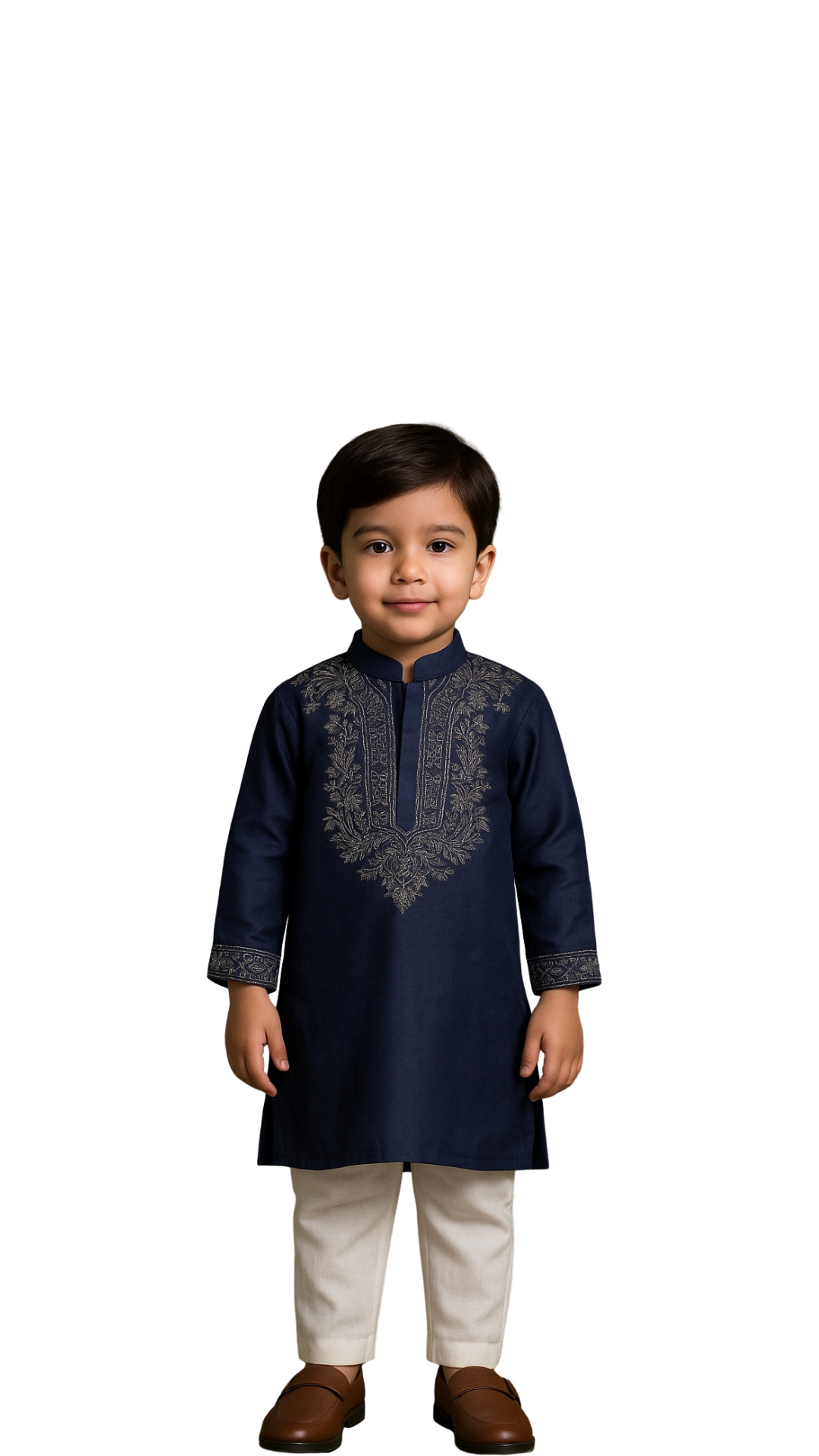 Golden Muslin boys’ navy blue linen satin kurta with silver thread embroidery on the yoke, paired with cotton pants.