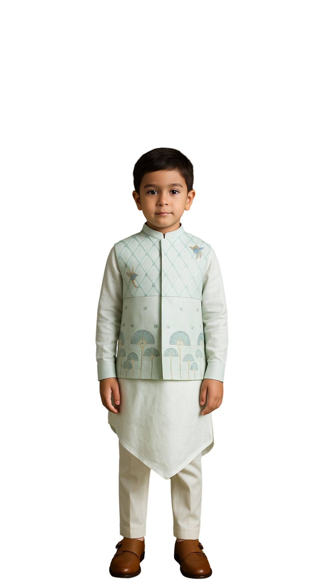 Golden Muslin boys’ water blue Bamberg silk Nehru jacket set with lattice embroidery, birds, and palm motifs, paired with matching kurta and cotton pants.