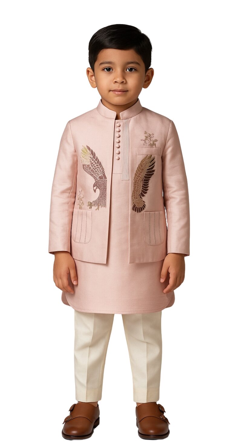 Golden Muslin blush pink linen satin Nehru jacket set for boys with bold eagle embroidery
