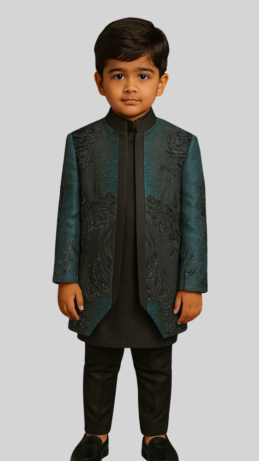 Golden Muslin charcoal Nehru kurta set with dual-tone teal and black embellished linen satin jacket featuring abstract embroidery and subtle sequins, paired with kurta and malai cotton pants.