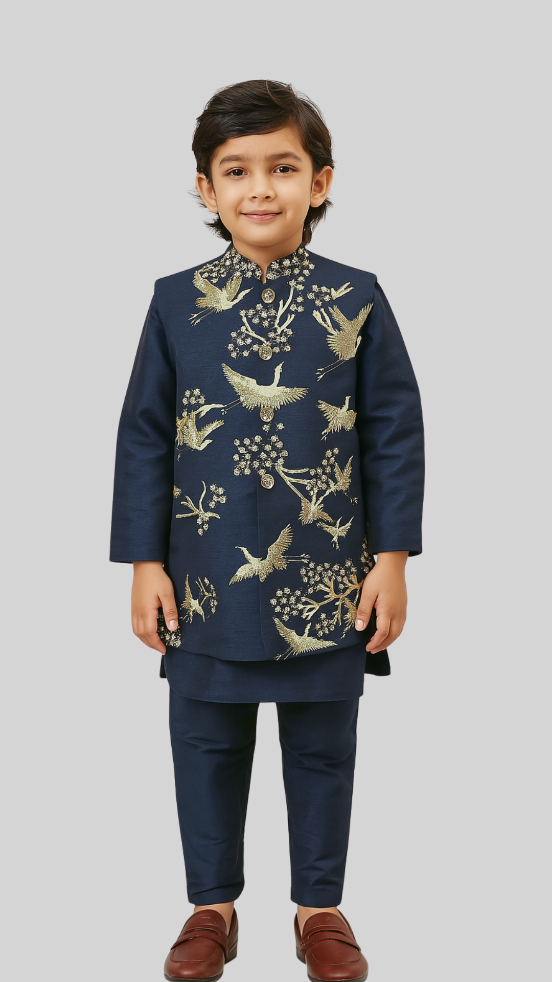Golden Muslin boys’ royal blue Bamberg silk Nehru jacket set with gold zari embroidery of soaring birds and floral branches, paired with matching kurta and malai cotton pants.