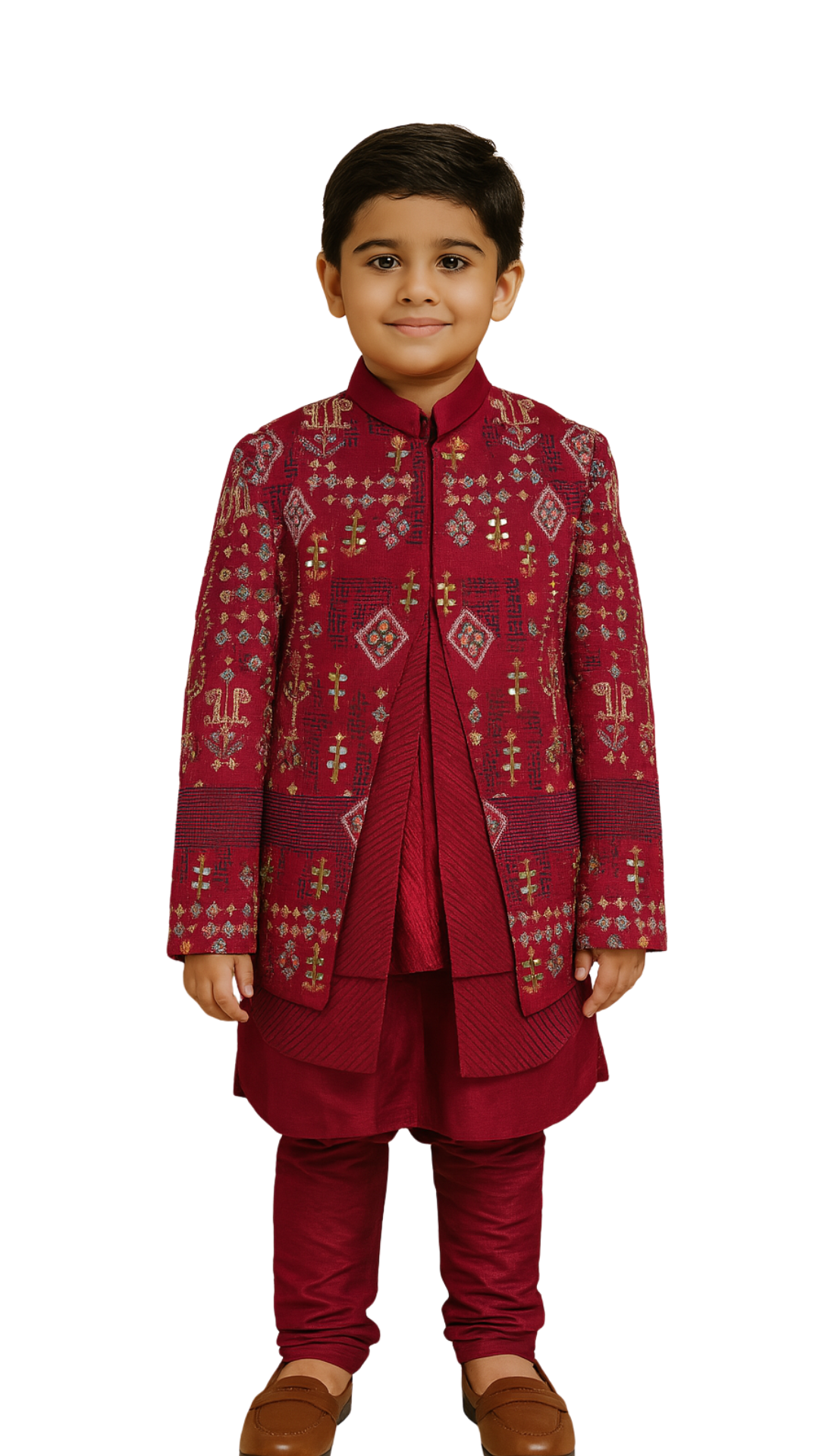Golden Muslin boys’ crimson red linen satin Nehru jacket set with tribal motifs, mirror work, and antique gold geometric embroidery, paired with kurta and malai cotton pants.