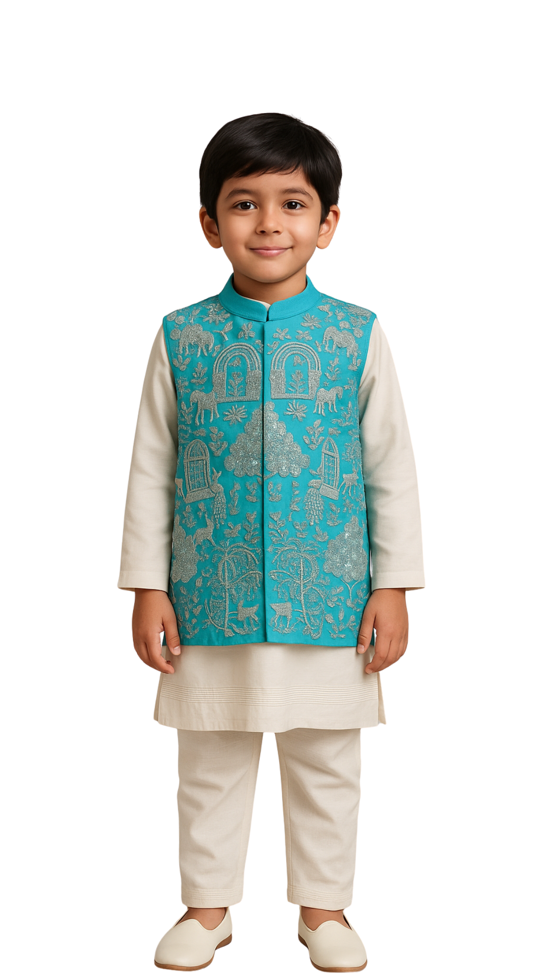 Golden Muslin turquoise Bamberg silk Nehru jacket for boys with embroidered animals, trees, and arched window motifs, paired with ivory kurta and pajama.