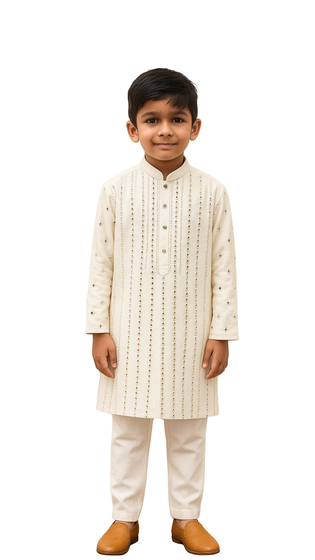 Golden Muslin ivory Bamberg silk mirror-work kurta with linear thread embroidery, paired with malai cotton trousers.