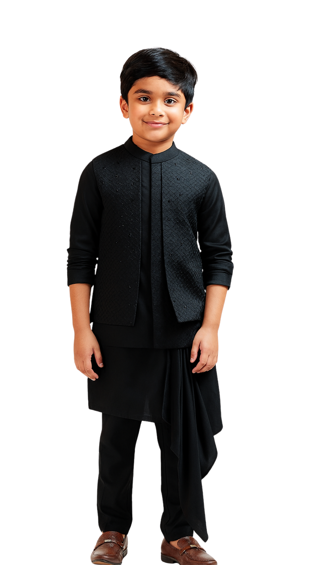 Golden Muslin black front-open Nehru jacket set with tonal textured embroidery